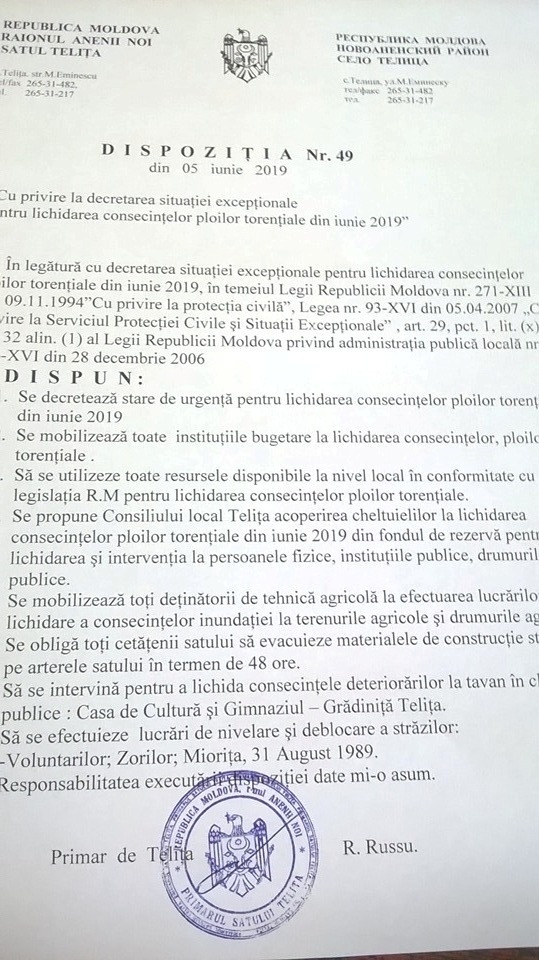 Mobilizarea resurselor locale pentru lichidarea consecintelor Calamitatilor Naturale din luna iunie 2019